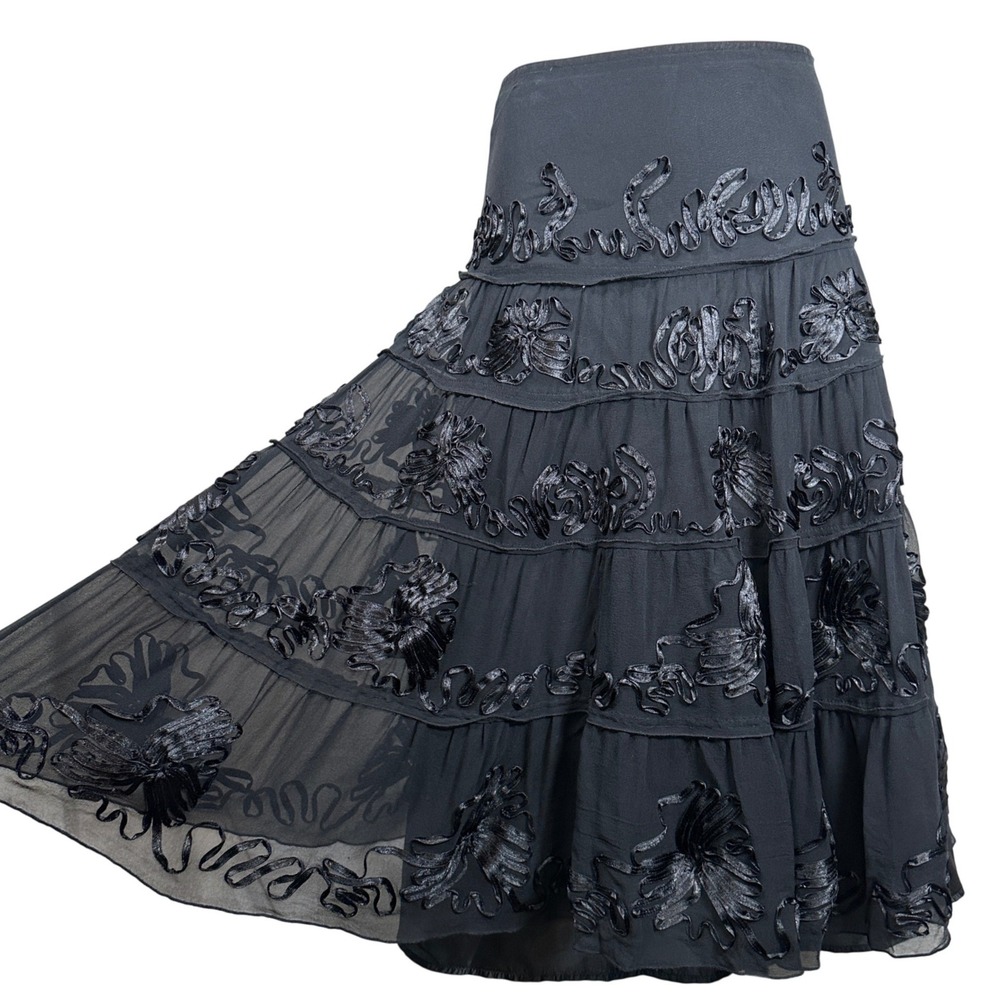 Black 100% Silk Tiered Midi Skirt Ribbon Floral Applique Size‎ 4 Whimsigoth